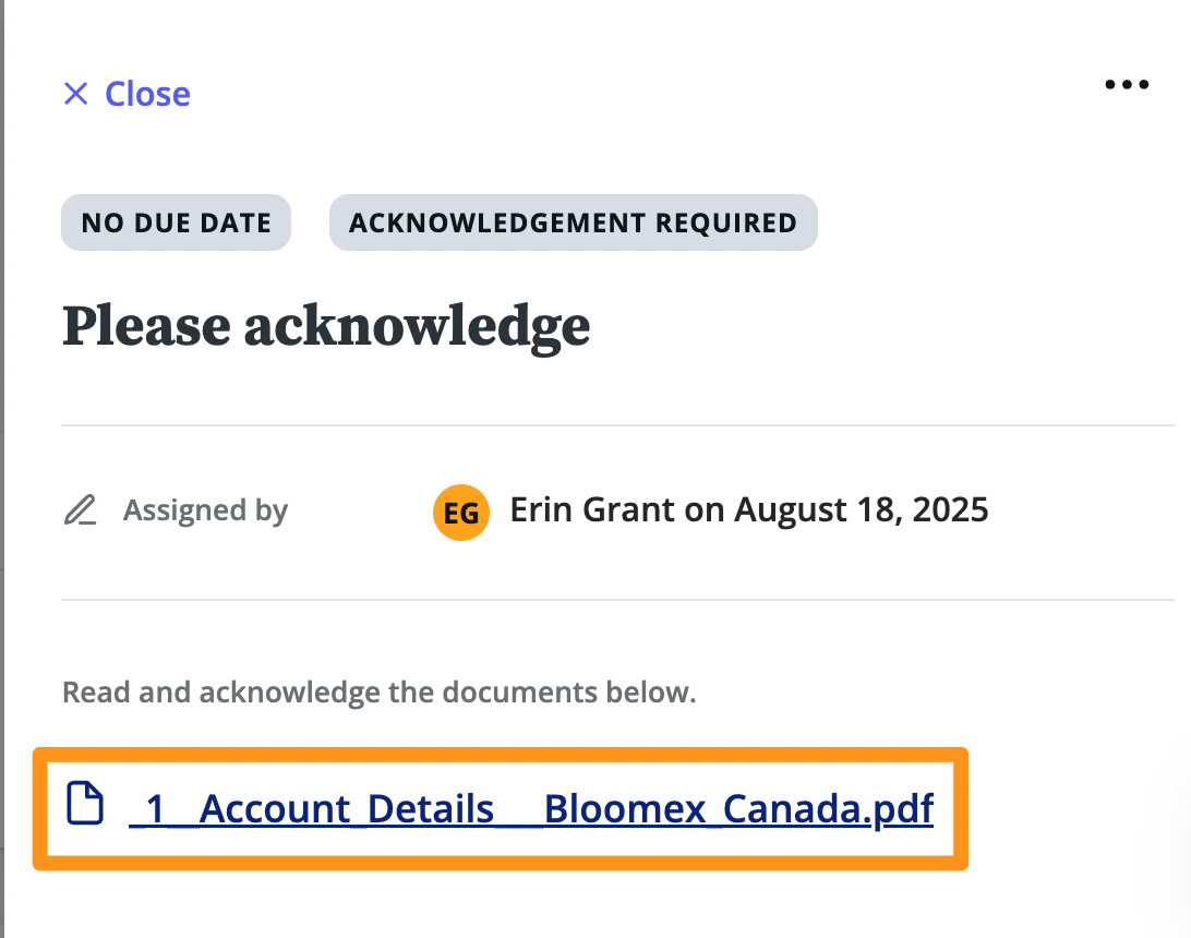 A screen showing documents to be acknowledged.