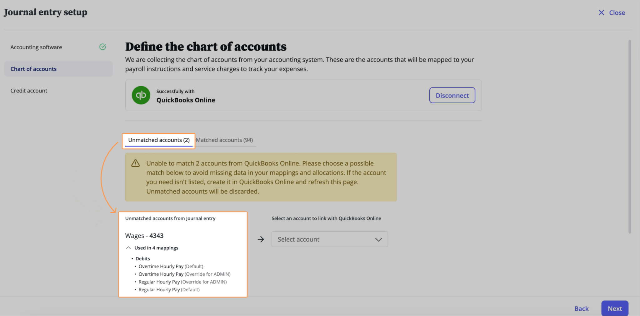 Unmatched accounts screen