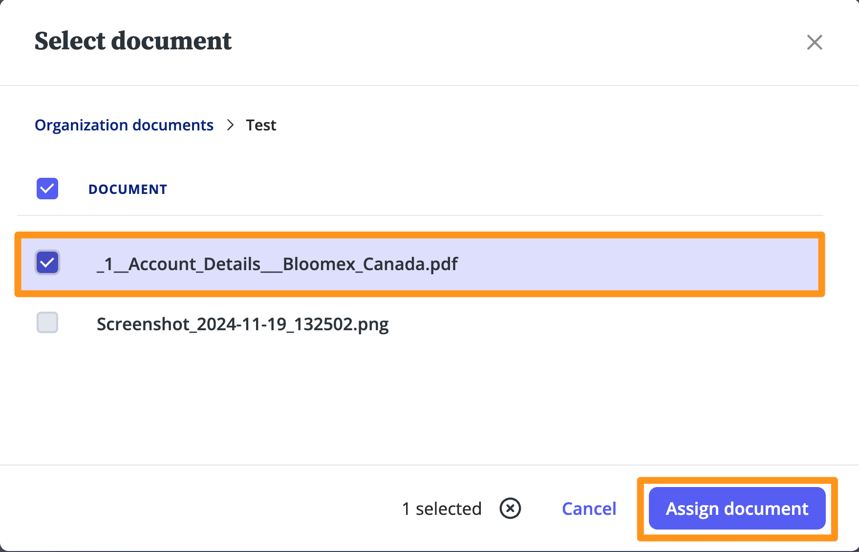 Document selection screen.