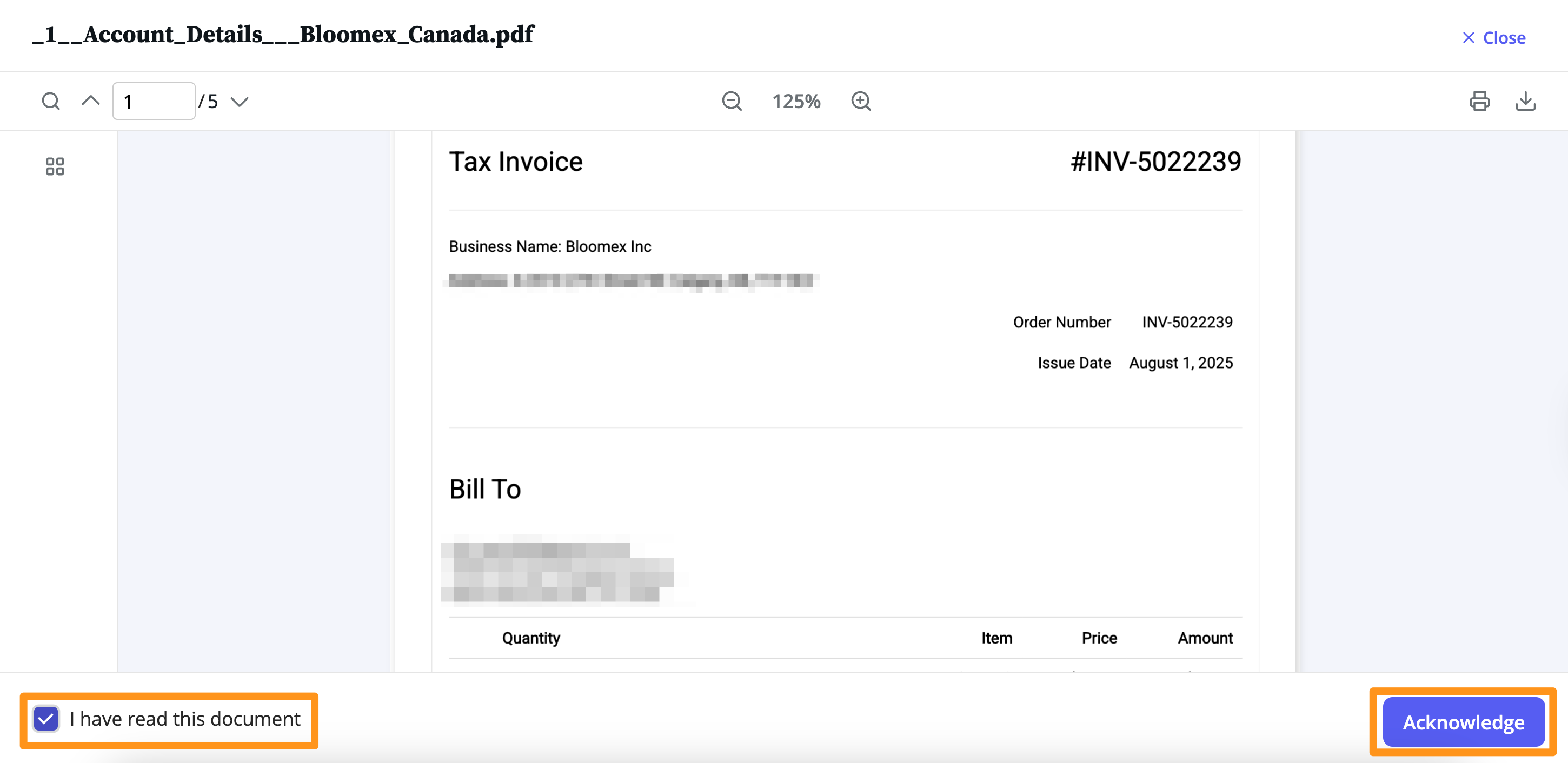 Document view with acknowledgment tickbox and button highlighted.