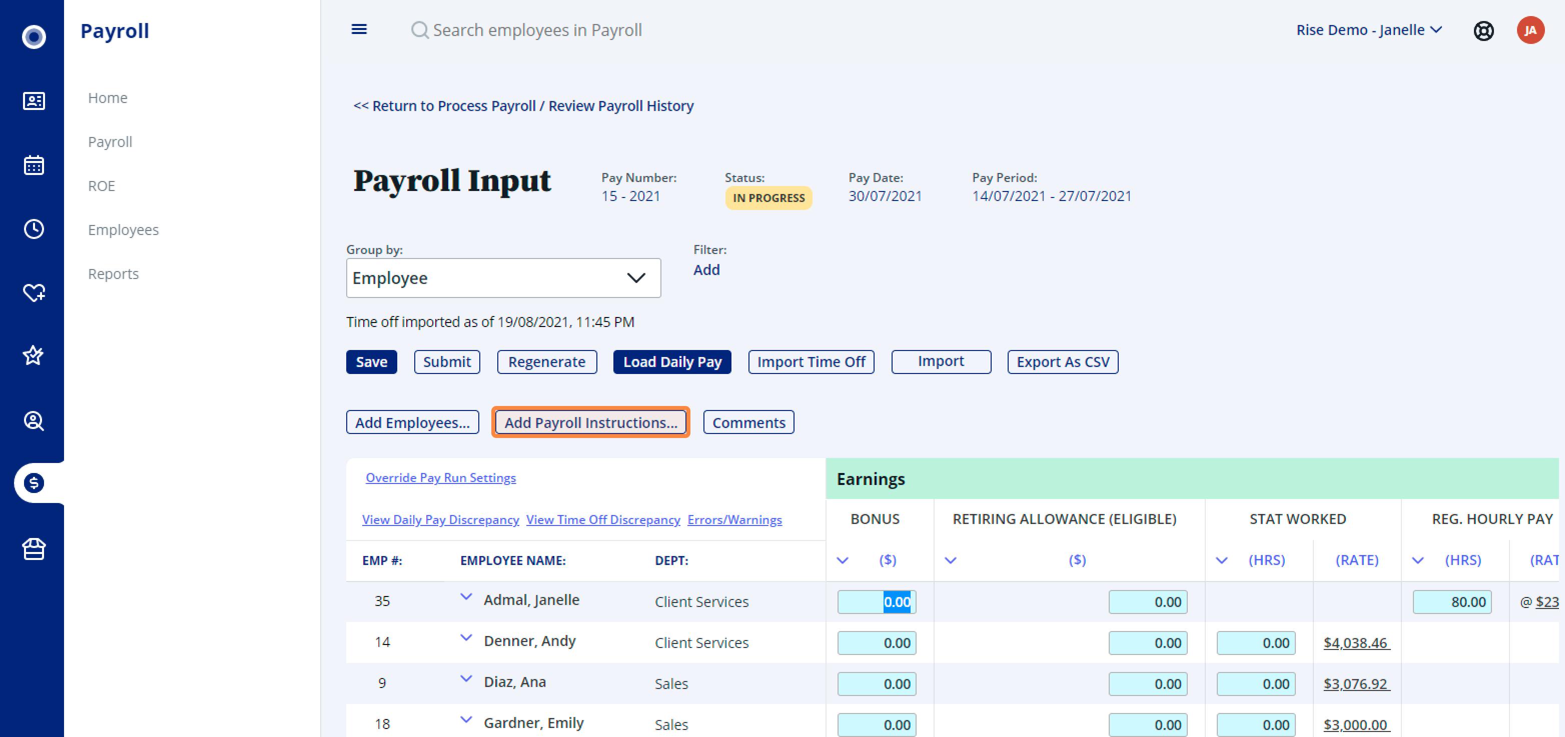 Add payroll instructions to the input sheet