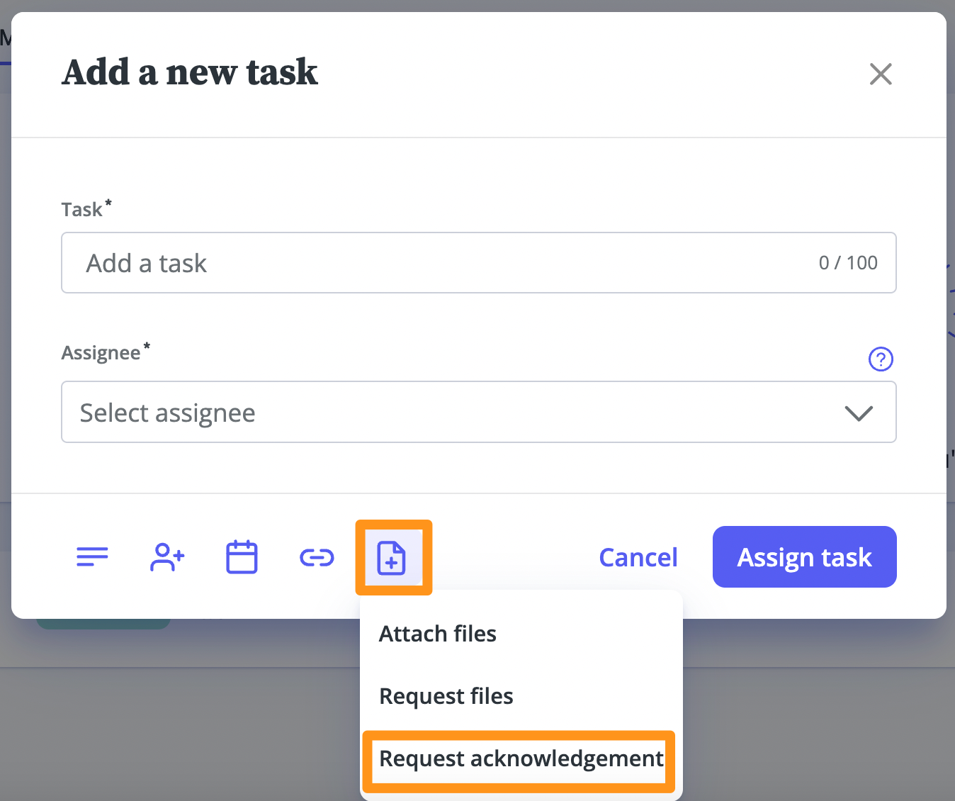 Task details window with Add Document icon and 'Request acknowledgement' highlighted.